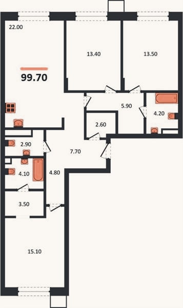 Планировка: 3-к, 99,7 м²