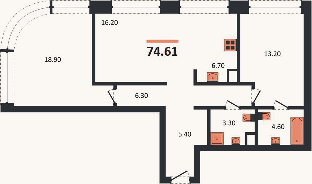 Планировка: 2-к, 74,6 м²