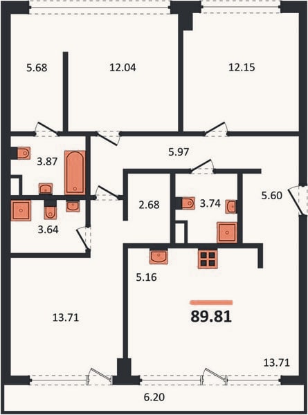 Планировка: 3-к, 89,8 м²