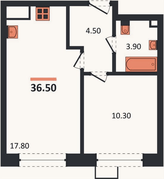 Планировка: 1-к, 36,5 м²