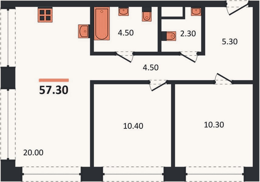 Планировка: 2-к, 57,9 м²