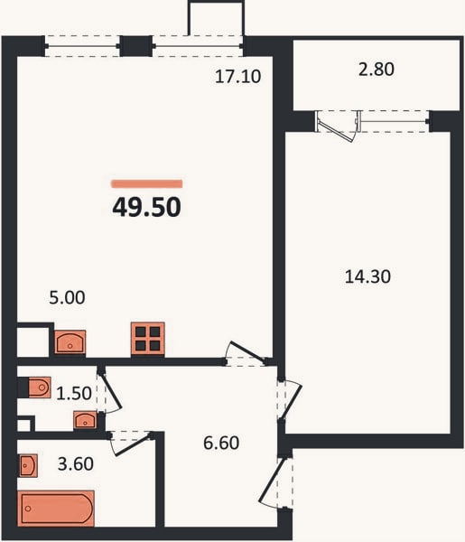 Планировка: 1-к, 49,5 м²