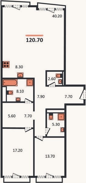Планировка: 2-к, 120,7 м²