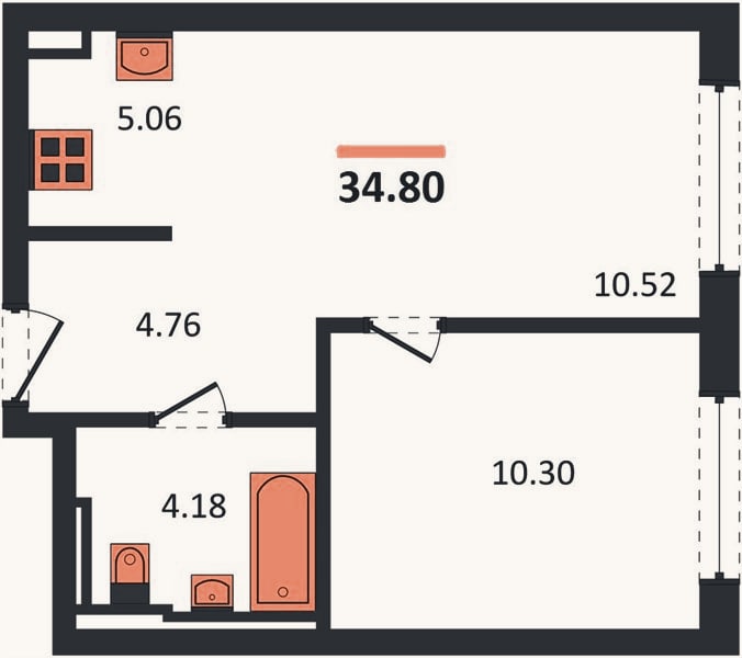 Планировка: 1-к, 34,8 м²