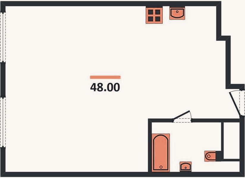 Планировка: 1-к, 48 м²