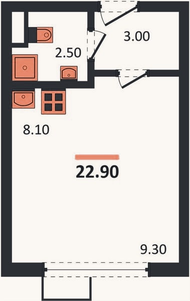 Планировка: Студия, 22,9 м²