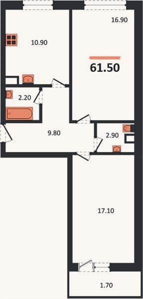 Планировка: 2-к, 61,5 м²