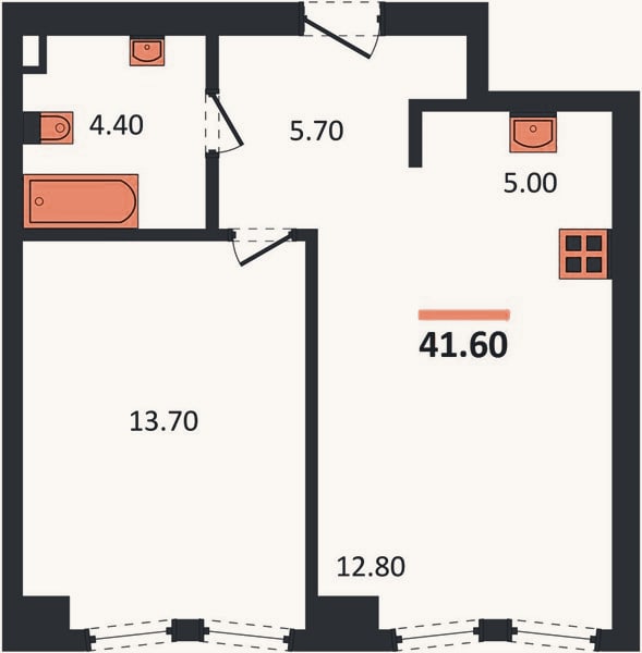 Планировка: 1-к, 41,6 м²