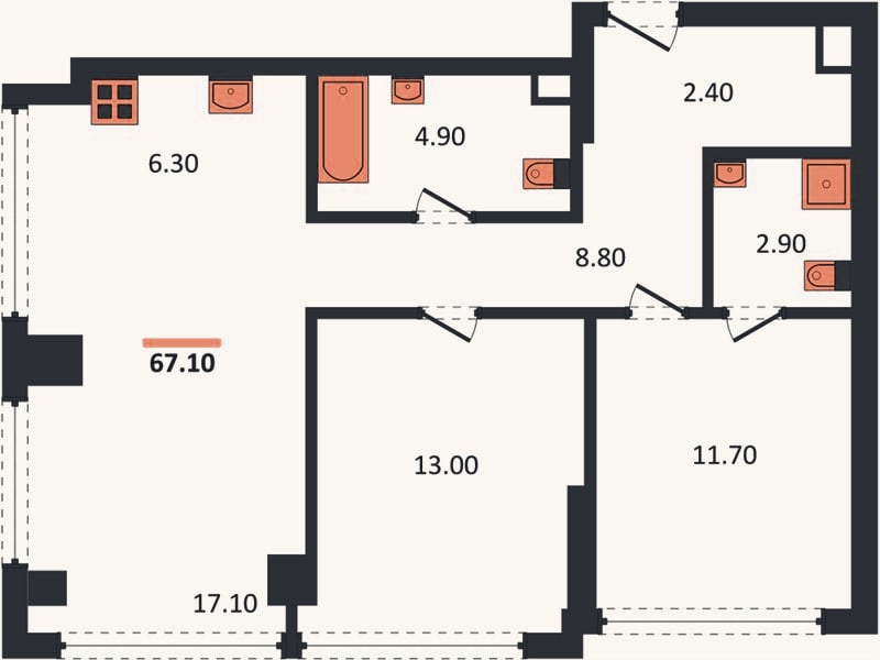 Планировка: 2-к, 67,1 м²