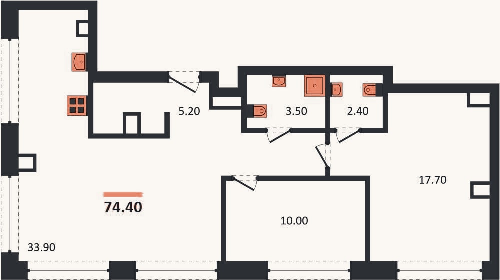 Планировка: 2-к, 74,4 м²