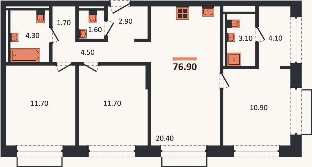 Планировка: 3-к, 76,9 м²