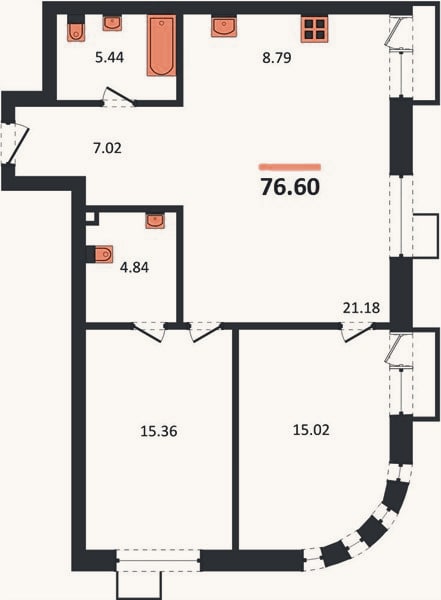 Планировка: 2-к, 76,6 м²