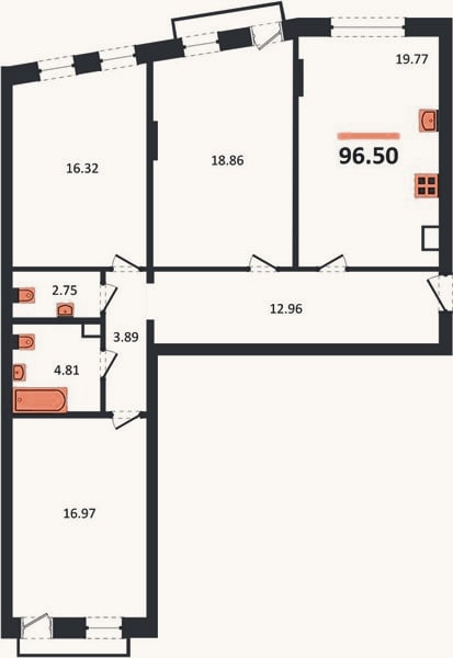 Планировка: 3-к, 96,5 м²