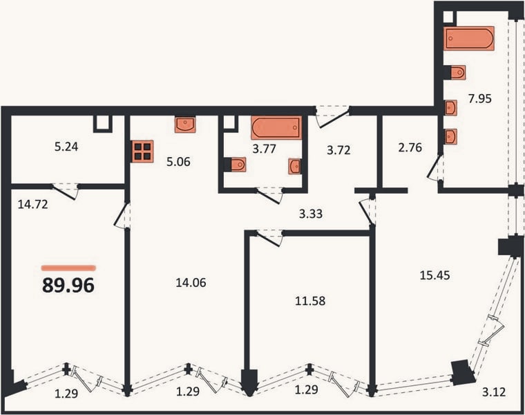 Планировка: 3-к, 90 м²