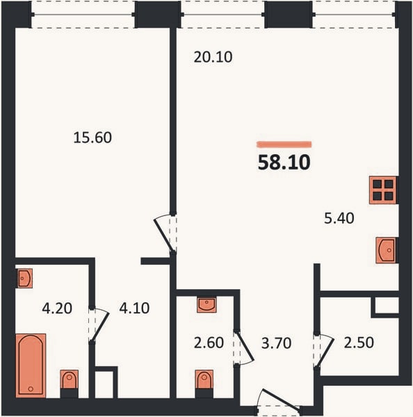 Планировка: 1-к, 58,1 м²