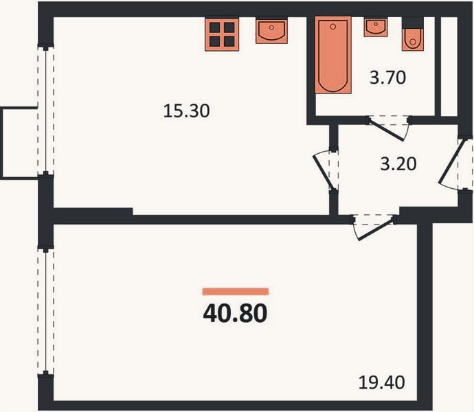 Планировка: 1-к, 40,8 м²