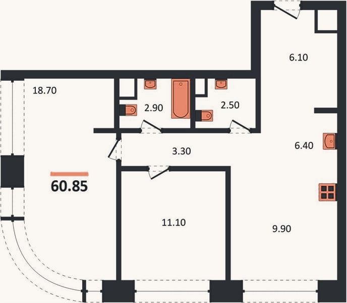 Планировка: 2-к, 60,9 м²