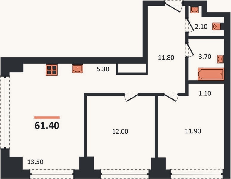 Планировка: 2-к, 61,4 м²