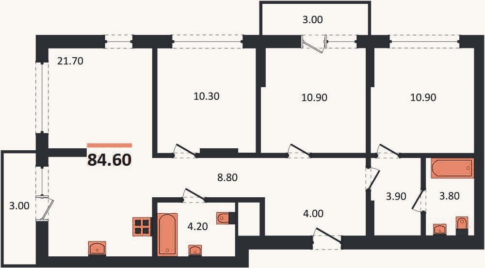 Планировка: 3-к, 84,6 м²