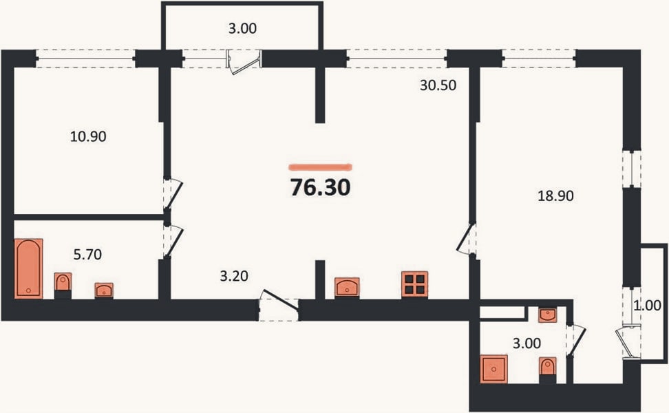Планировка: 2-к, 76,3 м²