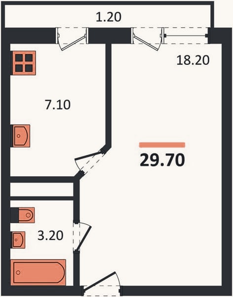 Планировка: 1-к, 29,7 м²