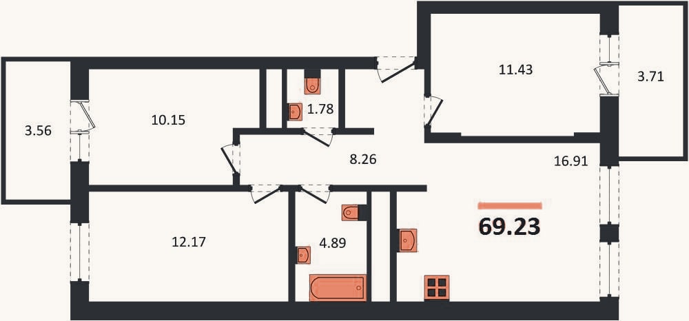 Планировка: 3-к, 69,2 м²