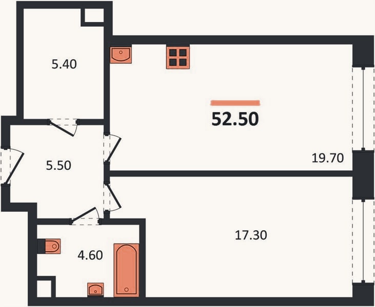 Планировка: 1-к, 52,5 м²