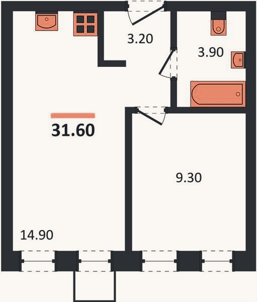 Планировка: 1-к, 31,6 м²