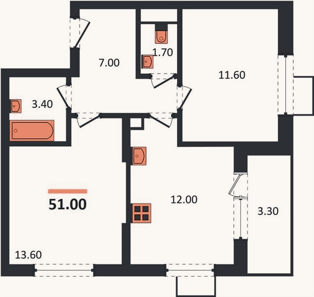 Планировка: 2-к, 51 м²