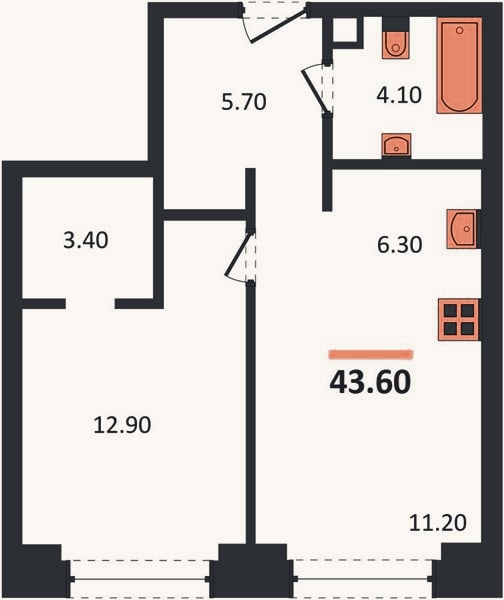 Планировка: 1-к, 43,6 м²