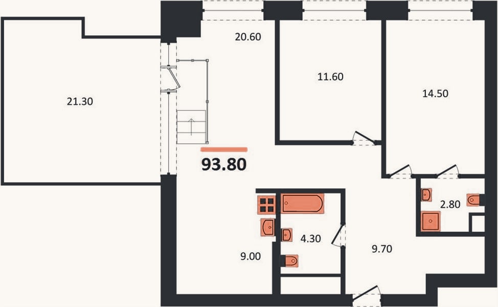 Планировка: 2-к, 93,8 м²