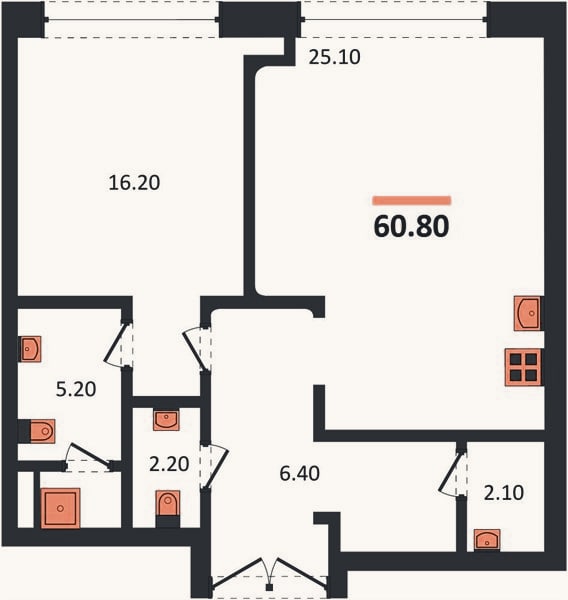 Планировка: 1-к, 61,5 м²
