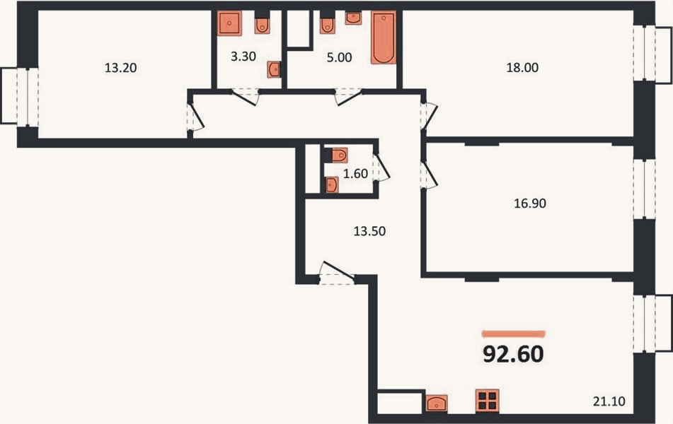 Планировка: 3-к, 92,6 м²