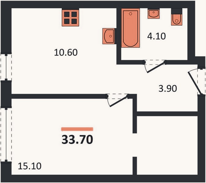 Планировка: 1-к, 33,7 м²