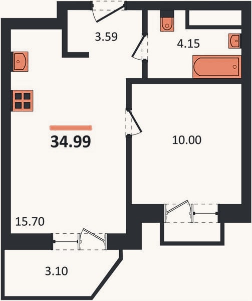 Планировка: 1-к, 35 м²