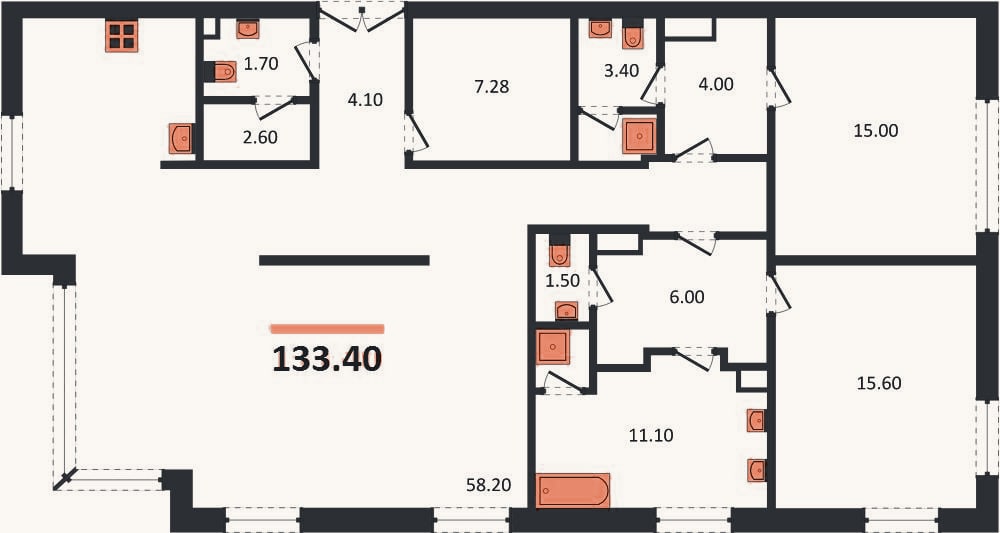 Планировка: 2-к, 133,4 м²