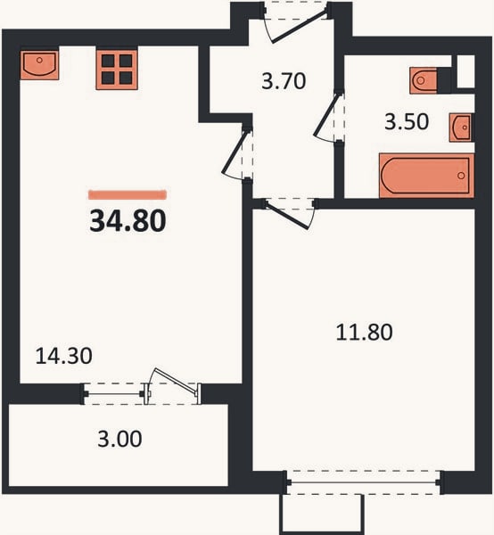 Планировка: 1-к, 34,8 м²