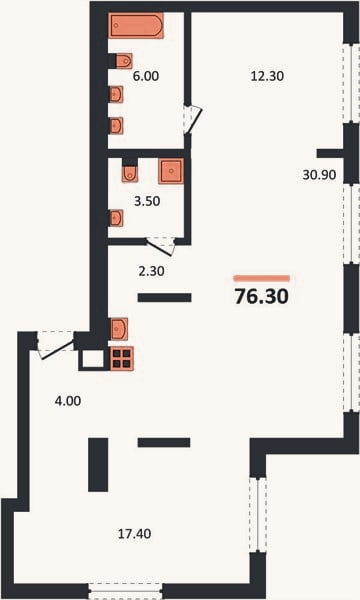 Планировка: 2-к, 76,3 м²