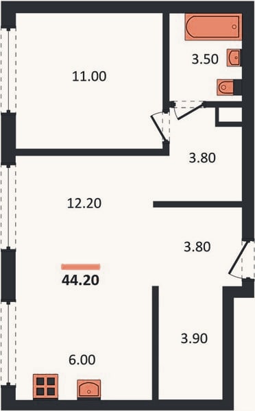 Планировка: 1-к, 44,2 м²