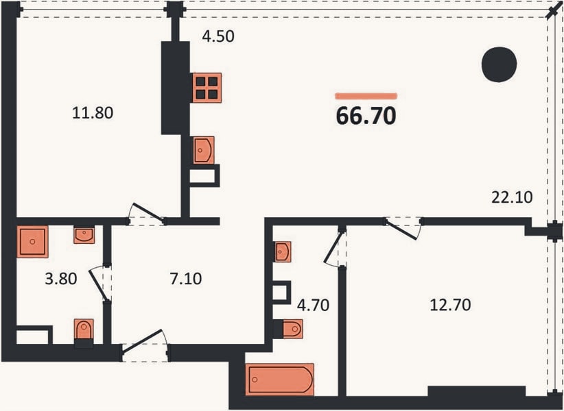 Планировка: 2-к, 66,7 м²