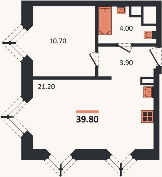 Планировка: 1-к, 39,8 м²