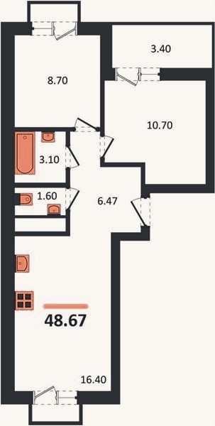 Планировка: 2-к, 48,7 м²