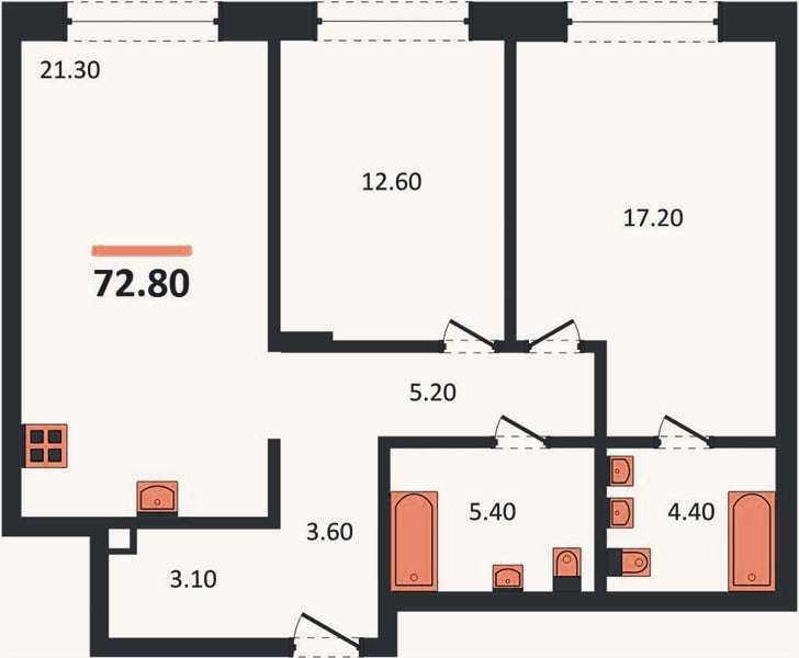 Планировка: 2-к, 72,8 м²