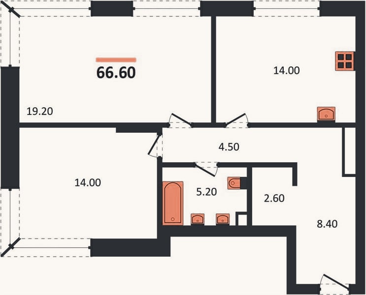 Планировка: 2-к, 66,6 м²