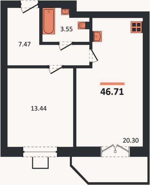 Планировка: 1-к, 46,7 м²