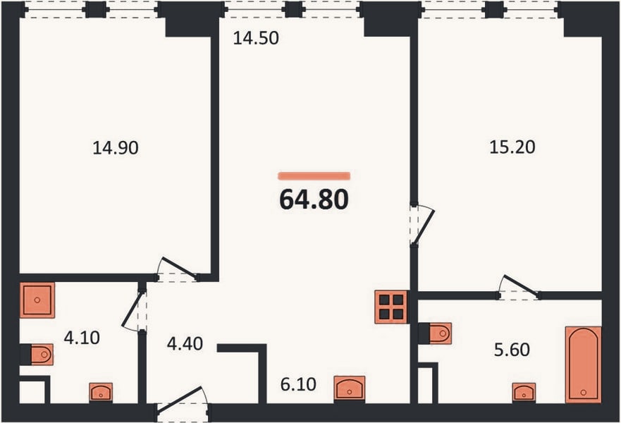 Планировка: 2-к, 64,8 м²