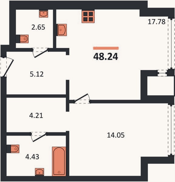 Планировка: 1-к, 48,2 м²