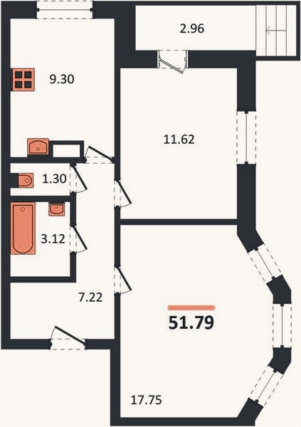 Планировка: 2-к, 51,8 м²