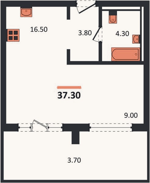 Планировка: Студия, 37,3 м²