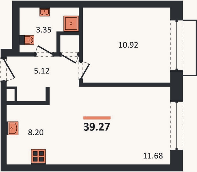 Планировка: 1-к, 39,3 м²
